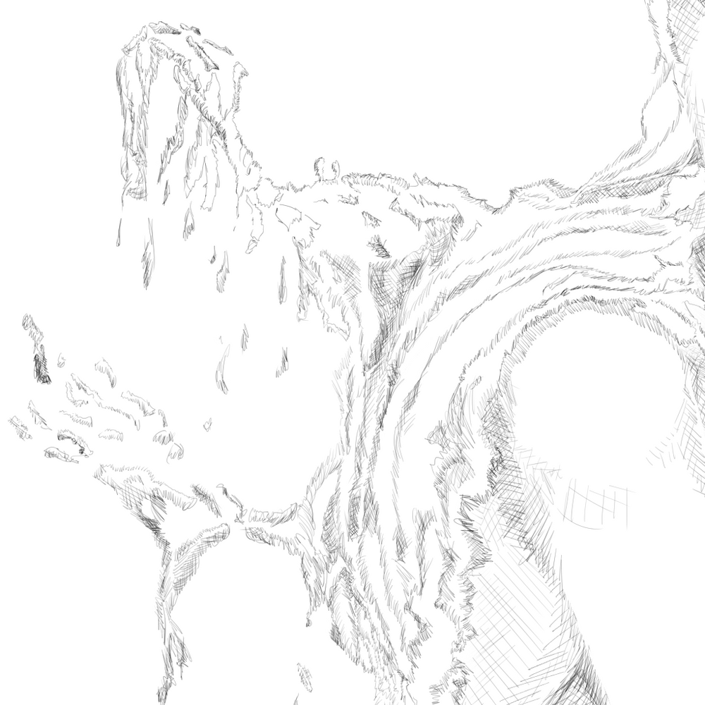 Detail cut out of the above drawing, showing some of the growth. The growth has some muscular and skeletal features and in two places looks reminiscent of a hand dripping excess matter.