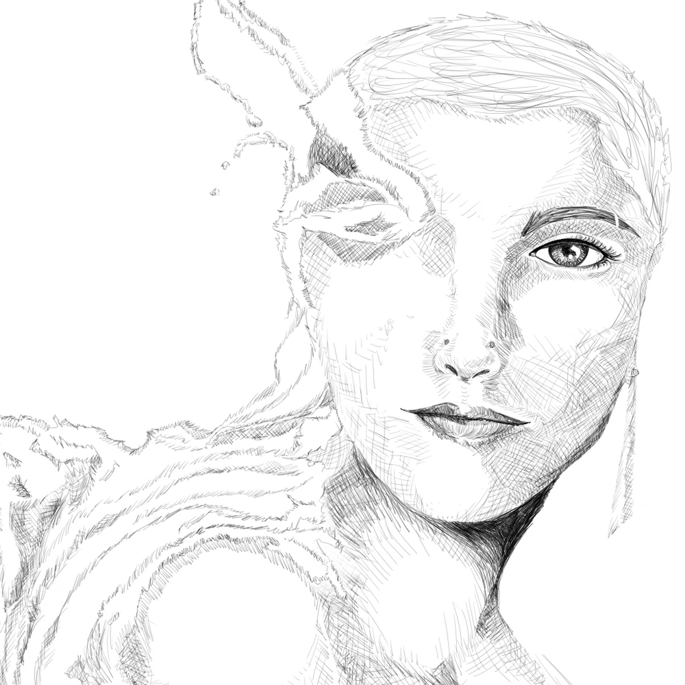 Detail cut out of the above drawing, showing just the woman's face and the part of the growth emerging from her eye.